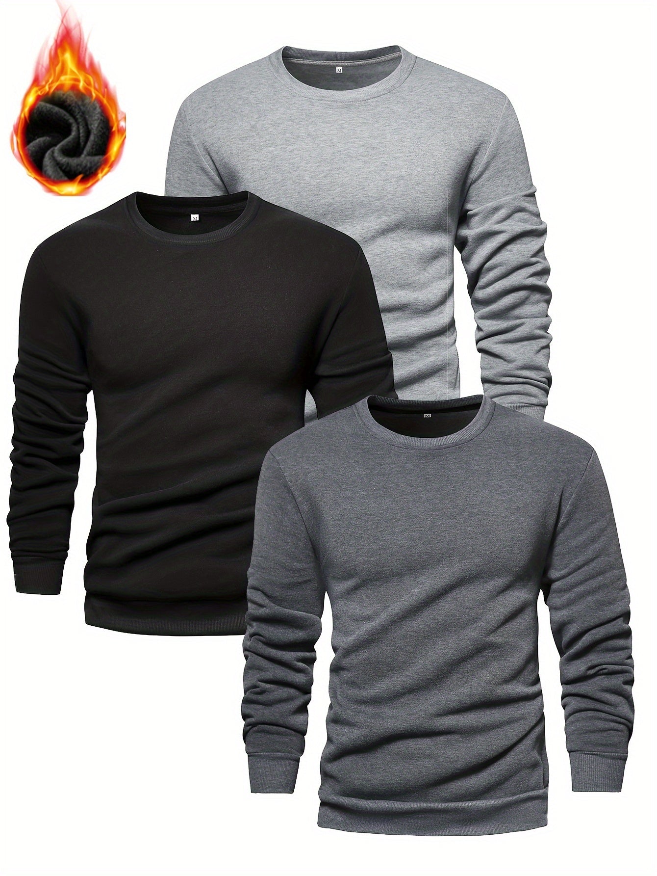 3pcs Men's Autumn And Winter Thickened Warm Skin-friendly Soft Sweater, Skinny Long Sleeve Crew Neck Warm Undershirts Tops
