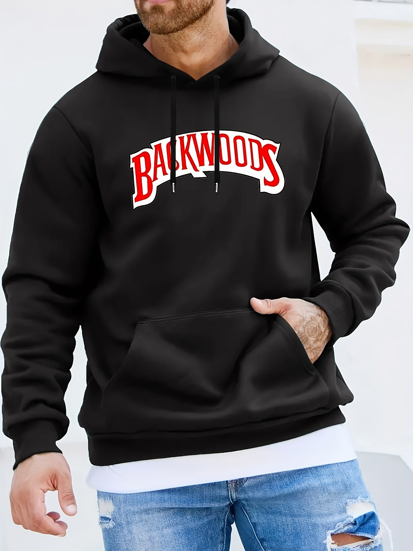 BACKWOODS Print Hoodie, Cool Hooded Pullover For Men, Men's Casual Graphic Design Slightly Flex Streetwear Sweatshirt For Spring Fall And Winter, As Gifts