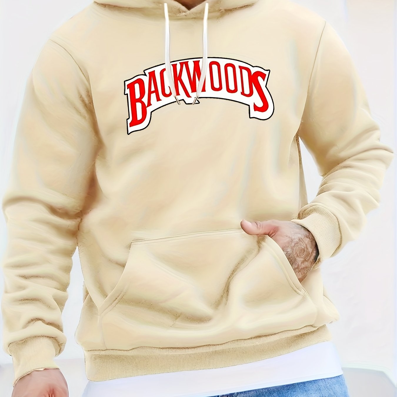 BACKWOODS Print Hoodie, Cool Hooded Pullover For Men, Men's Casual Graphic Design Slightly Flex Streetwear Sweatshirt For Spring Fall And Winter, As Gifts